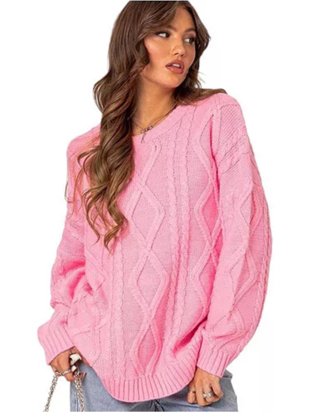 NEW Edikted Kennedy Pink Oversized Cable Knit Sweater Women XS/S Chunky Cozy